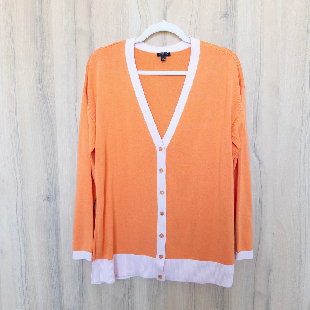 Talbots Womens Cardigan Size LP Orange Colorblock Preppy Old Money Bright Spring